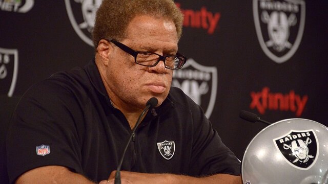 Oakland Raiders general manager Reggie McKenzie during a press conference to introduce Tony Sparano (not pictured) as Raiders interim coach at the Raiders practice facility.