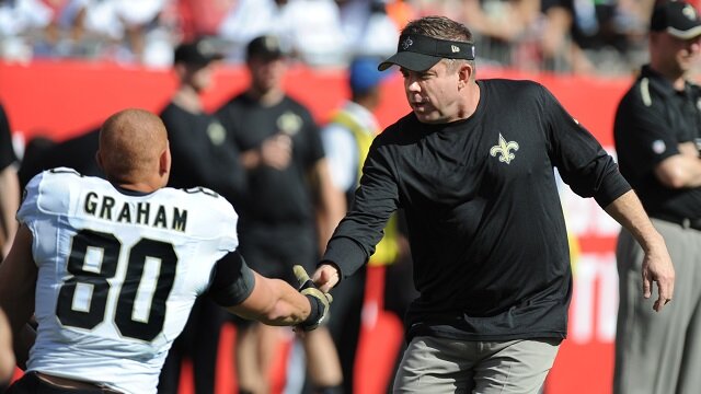 TAMPA, FL - DECEMBER 28: Head coach Sean Payton of the New Orleans Saints talks with tight end Jimmy Graham (80) of the New Orleans Saints during pregame against the Tampa Bay Buccaneers at Raymond James Stadium on December 28, 2014 in Tampa, Florida. (Photo by Cliff McBride/Getty Images) *** Local Caption ***Sean Payton;Jimmy Graham