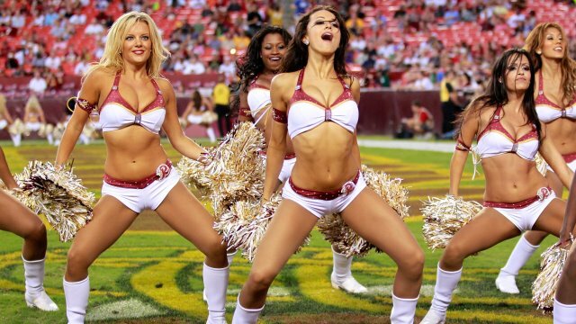 August 29, 2012; Landover, MD, USA; Washington Redskins cheerleaders dance on the field during a timeout against the Tampa Bay Buccaneers at FedEx Field. The Redskins won 30-3. Mandatory Credit: Geoff Burke-US PRESSWIRE