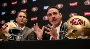 Jim Tomsula speaks during a press conference at Levi's Stadium on January 15, 2015 in Santa Clara, California. The San Francisco 49ers