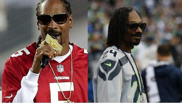 10. Snoop Dogg wearing a 49ers jersey along side a picture of him wearing a Seattle Seahawks jersey.