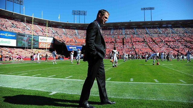 San Francisco 49ers general manager Trent Baalke watches warm ups from the sidelines before the game against the Cleveland Browns at Candlestick Park. The 49ers defeated the Browns 20-10.