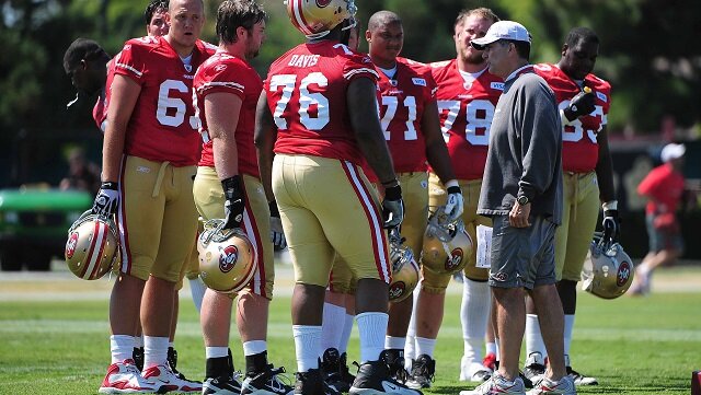  San Francisco 49ers offensive line coach Mike Solari instructs his team during training camp