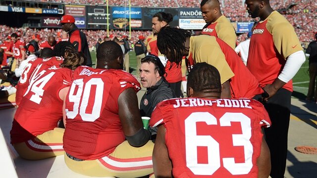  San Francisco 49ers defensive line coach Jim Tomsula (center) instructs his team.