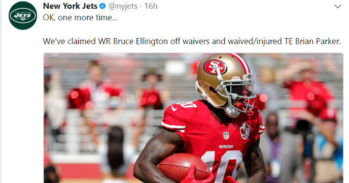 New York Jets Misidentify Waiver Claim of Bruce Ellington on Twitter