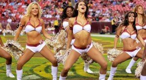 August 29, 2012; Landover, MD, USA; Washington Redskins cheerleaders dance on the field during a timeout against the Tampa Bay Buccaneers at FedEx Field. The Redskins won 30-3. Mandatory Credit: Geoff Burke-US PRESSWIRE