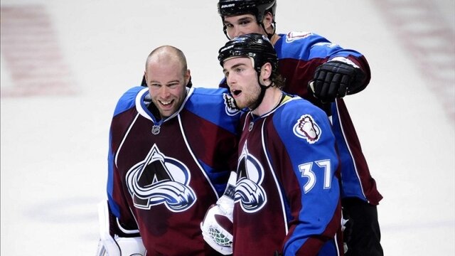 Ryan O'Reilly (right) with J.S. Giguere and Shane O'Brien (back). Ron Chenoy-US PRESSWIRE