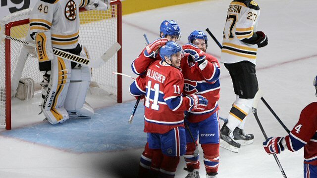 Canadiens Brendan Gallagher celebrates a goal against Boston