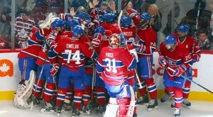 Montreal Canadiens celebrating a win against the Detroit Red Wings