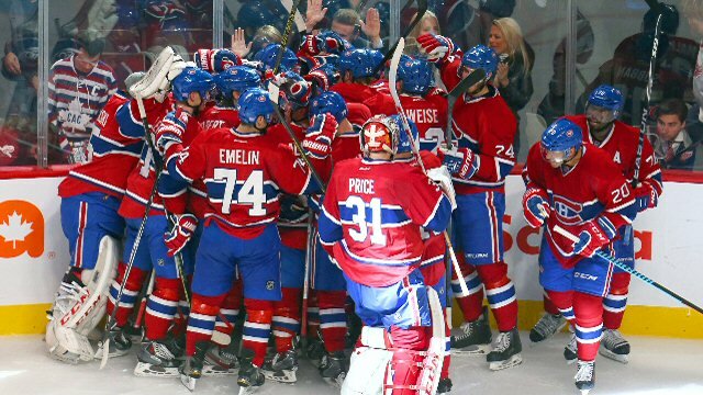 Montreal Canadiens celebrating a win against the Detroit Red Wings