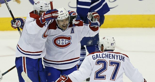Montreal Canadiens Tomas Plekanec celebrates his game-winning goal in the season opener against the Toronto Maple Leafs