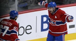 Tomas Plekanec celebrates a goal with teammate Max Pacioretty, Montreal Canadiens