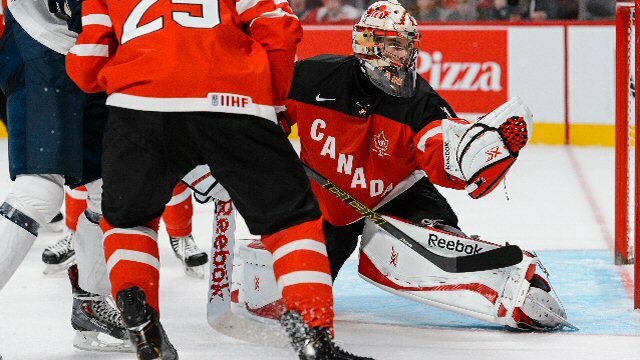 Zach Fucale makes a glove save for Team Canada at the World Juniors Championship