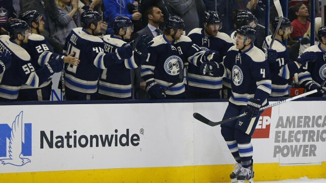 Columbus Blue Jackets celebrate the first goal against Montreal Canadiens