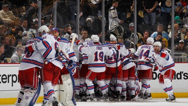 New York Rangers celebrating a win at CONSOL Energy Center