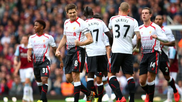 Liverpool captain Steven Gerrard celebrates scoring a penalty