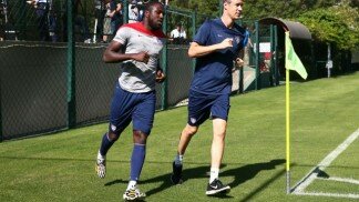 Jozy Altidore jogging with USMNT Friday before game against Belgium, World Cup 2014