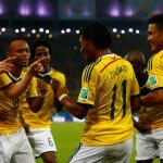 Colombia do a celebratory dance after scoring a goal