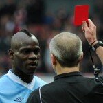 Mario Balotelli receives a red card when playing for Manchester City