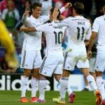 Cristiano Ronaldo, Gareth Bale, James Rodriguez and Karim Benzema celebrates