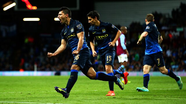 Sergio Aguero scores for Manchester City against Aston Villa