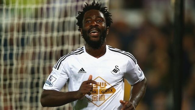 Wilfried Bony of Swansea City celebrates scoring their second goal during the Barclays Premier League match between Swansea City and Leicester City at Liberty Stadium on October 25, 2014 in Swansea, Wales. (Photo by Clive Rose/Getty Images)