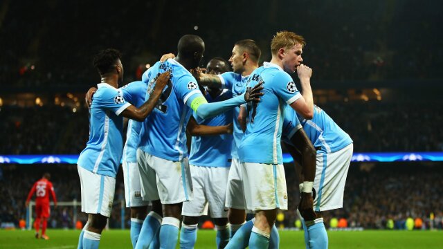 Manchester City celebrate a win over Sevilla