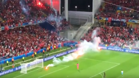 Turkish Soccer Fans Outrageously Throw Flares On Field At Euro 2016