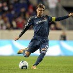 Oct. 4, 2011; Harrison, NJ, USA; Los Angeles Galaxy midfielder David Beckham (23) during the first half against the New York Red Bulls at Red Bull Arena.