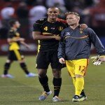 May 29, 2013; Cleveland, OH, USA; Belgium defender Vincent Kompany (4) and goalkeeper Jean-Francois Gillet walk off the field after a 4-2 win over the USA at FirstEnergy Stadium.