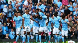Manchester City Celebrate Raheem Sterling Goal