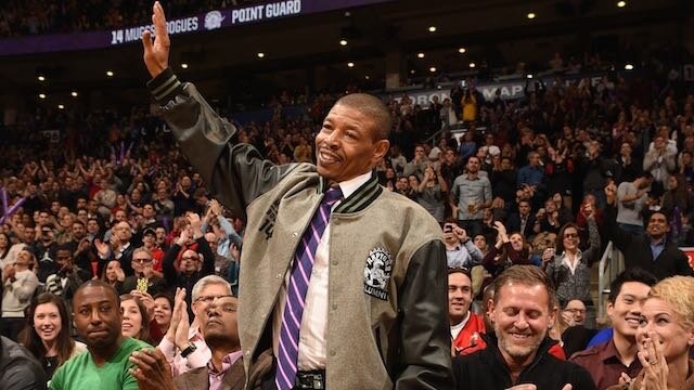 Former player Muggsy Bogues during the game against the Atlanta Hawks and Toronto Raptors on January 16, 2015 at the Air Canada Centre in Toronto, Ontario, Canada. (Photo by Ron Turenne/NBAE via Getty Images)