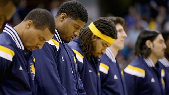 Paul George and the Indiana Pacers during introductions at Bankers Life Fieldhouse