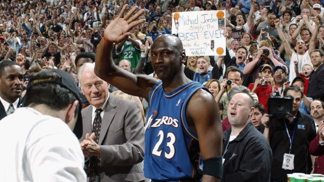 Michael Jordan #23 of the Washington Wizards waves to the fans before the last game of his career, which happened to be against the Philadelphia 76ers, at First Union Center on April 16, 2003 in Philadelphia, Pennsylvania.