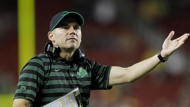 Oregon Ducks head coach Mark Helfrich argues a non-call during action against the California Golden Bears in the fourth quarter at Levi's Stadium. The Ducks won 59-41. 