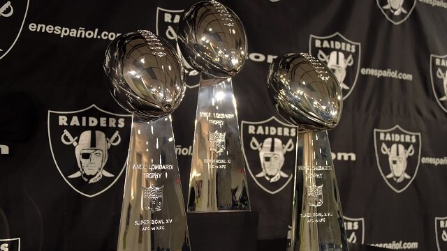Lombardi trophies of the Oakland Raiders victories in Super Bowls XI, XV and XVIII at the Raiders practice facility.