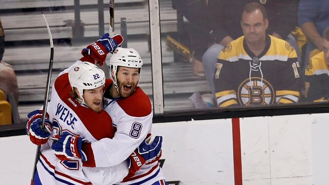 Montreal Canadiens Dale Weise and Brandon Prust celebrate their win in Game 7 vs Boston